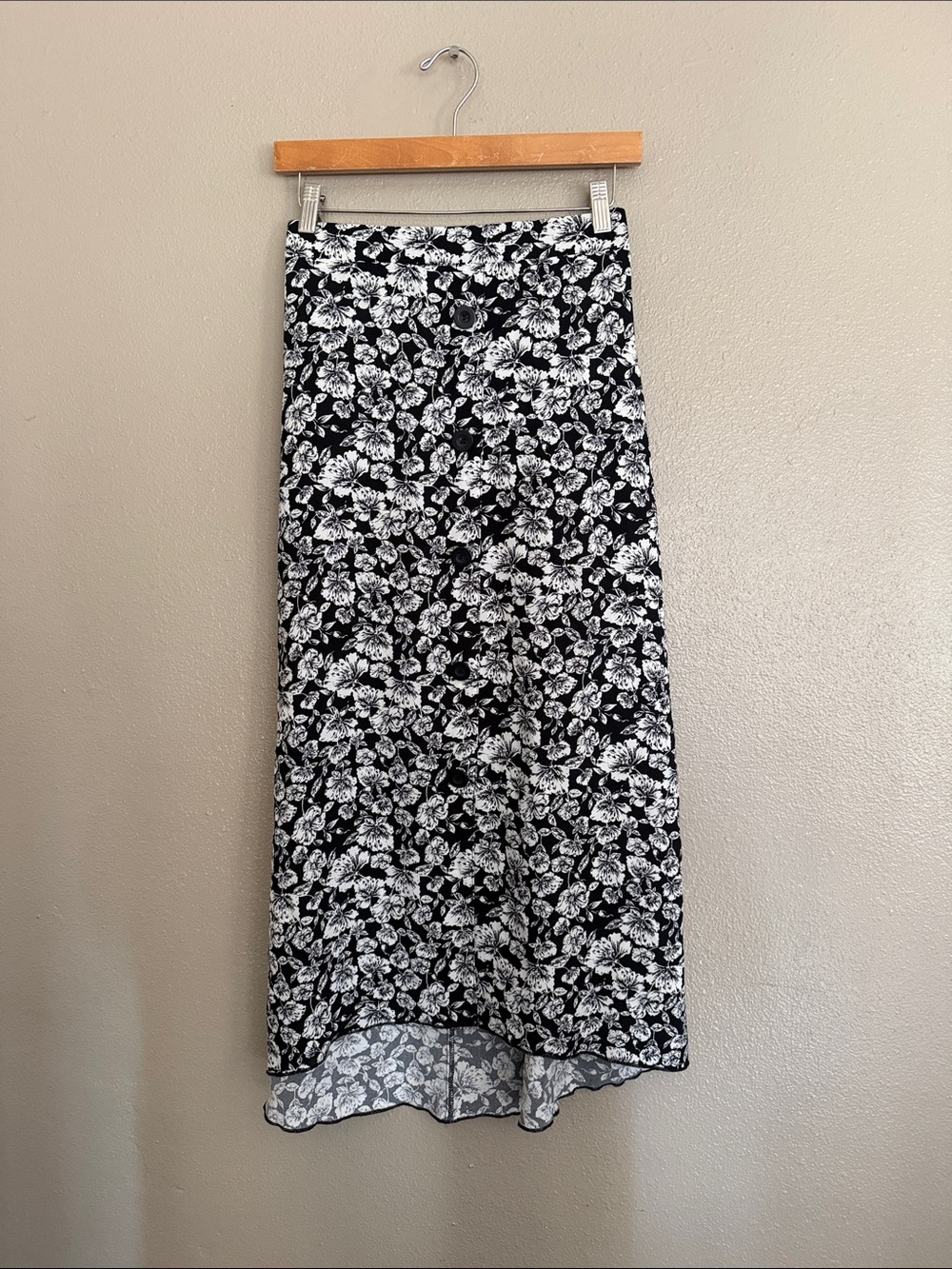 Floral Black & White High-Low Midi Skirt